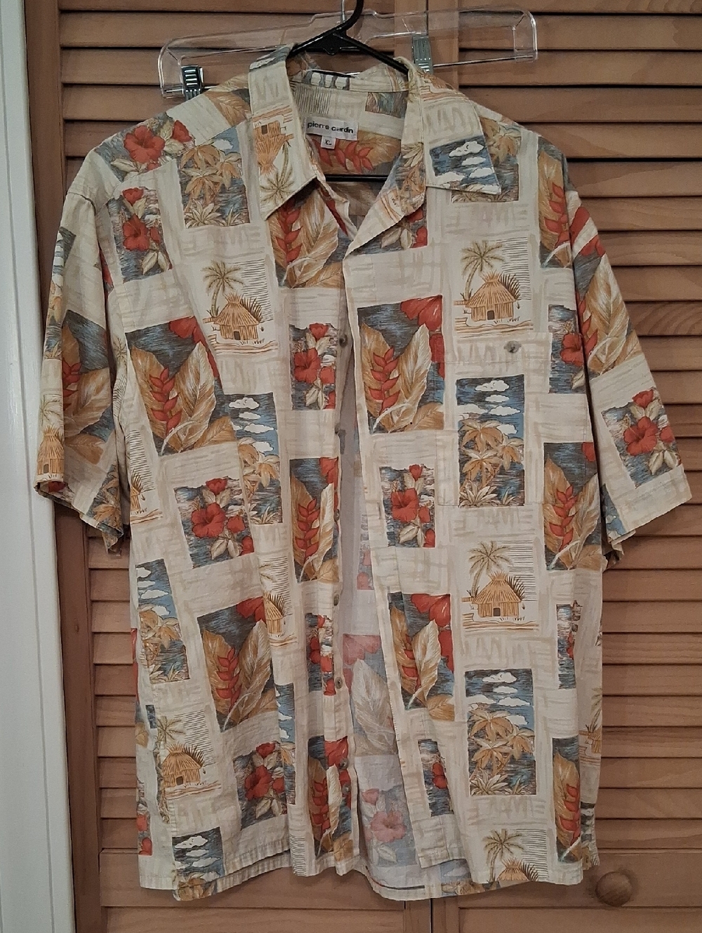 Pierre Cardin Beige Tropical Print Short Sleeve Button Down Shirt